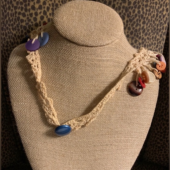 #J900 - VTG Crochet & Multi-Color Button Cha-Cha Granny Core Chic Necklace, 26” - Picture 3 of 4